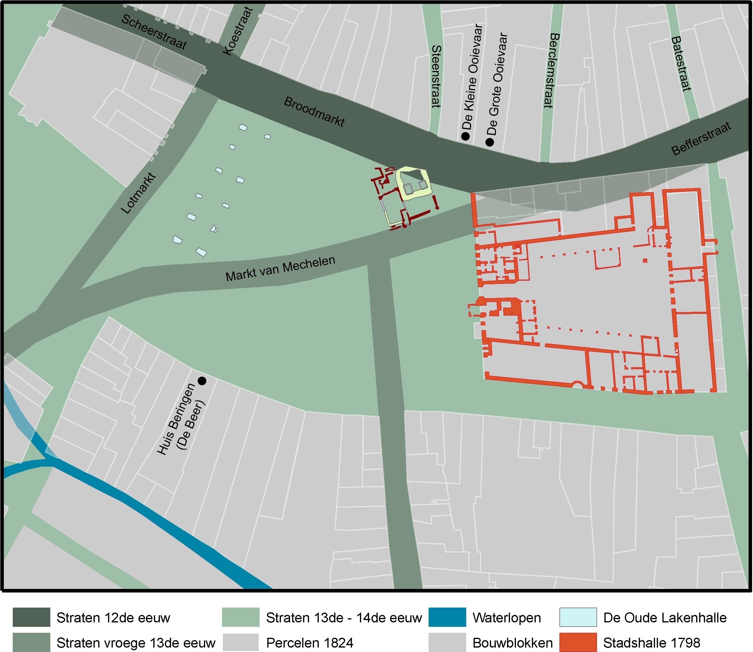 Rechts de Nieuwe en links resten van de Oude Lakenhalle