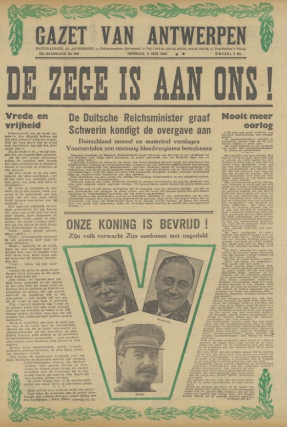 Voorpagina Gazet van Antwerpen van 8 mei 1945