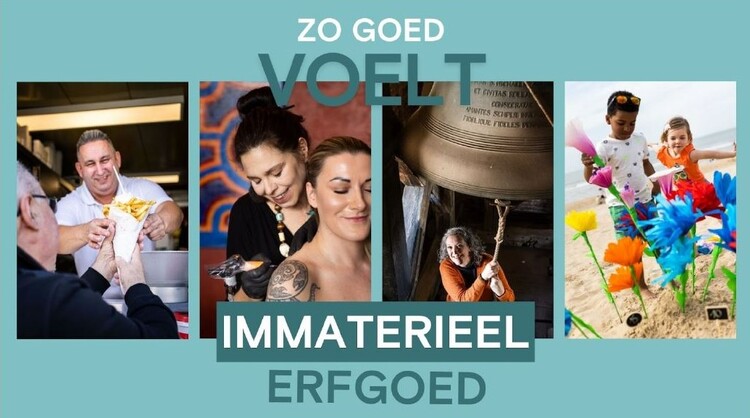 Campagnebeelden van immaterieelerfgoedcampagne "Zo goed voelt erfgoed" met foto's van frietkotcultuur, tatoeëren, klokkenluiden en strandbloemen