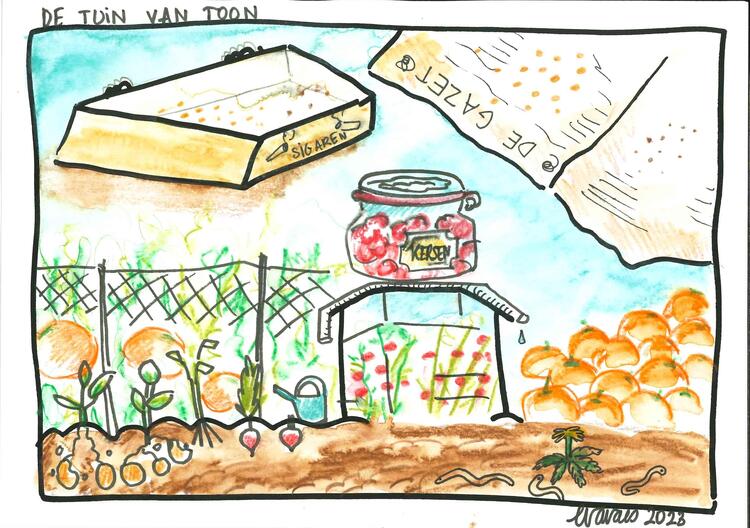 Tekening van Eva Vaes op basis van het verhaal van een woonzorgcentrum bewoner. Er is een moestuin getekend, maar ook een sigarendoos en een krant. Op de voorgrond zien we in de moestuin aardappelen, radijzen en een prei. Op de achtergrond een groot pompoenenveld. In het midden zweeft een pot met kersen.