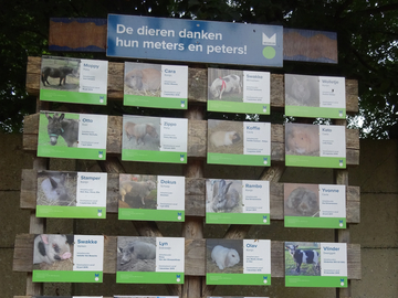 Bordjes met de informatie van de dieren en de namen van hun peters en meters.