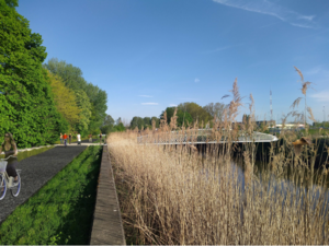 &copy;SEA. Een toekomstbeeld van de fiets- en voetgangersbrug over de Dijle, aan de zijde van Nekkerspoel.