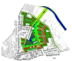 Plan van het woonproject met nieuwe woningen en groene ruimte.