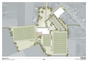 In de groene sportzone komen drie voetbalvelden, petanquebanen, ruimte voor individuele sporters en voldoende parkeerplaatsen voor auto’s en fietsers. © TRiAS architecten