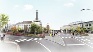 Beeld van het stationsplein na de definitieve heraanleg in 2027.