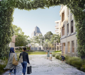 ©3D Real Estate. Toekomstbeeld: zicht op het centrale “Bomenplein” vanuit de Faid’herbestraat.