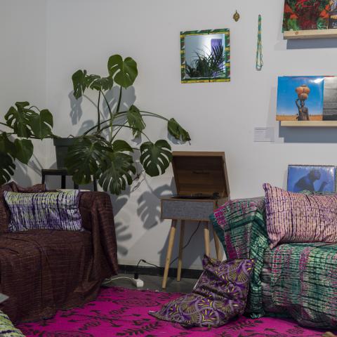 Ruimte met kleurrijke tapijt, zetels en plant 