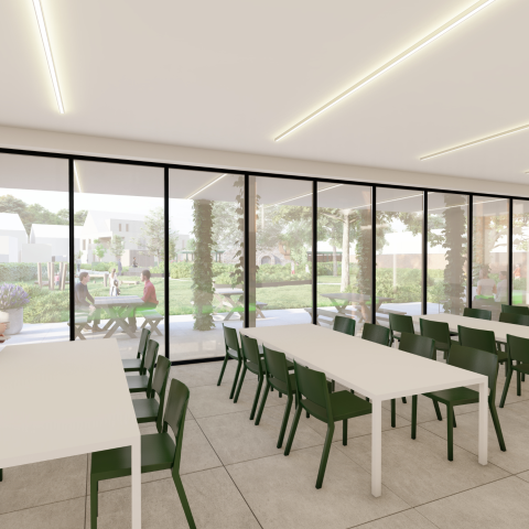Een toekomstbeeld van de buurtzaal, een grote open ruimte met stoelen en tafels. 