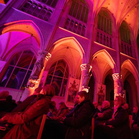 Pubkliek in mooi verlichte kathedraal tijdens een evenement
