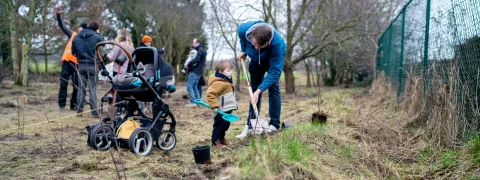 Ouders en kinderen planten nieuwe bomen in het geboortebos