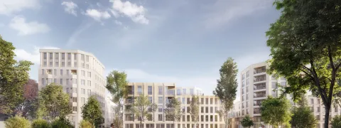 Toekomstbeeld Hof van Egmont, zicht van Speecqvest op centrale bouwblok